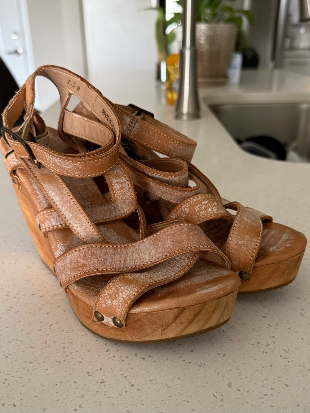 Women’s Bed Stu Tan Leather Strappy Wedge Sandals